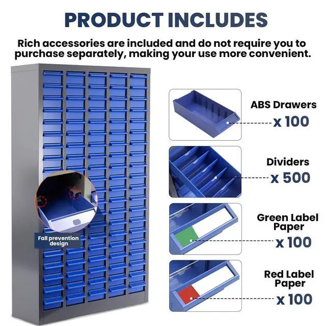 Alt view image 4 of 6 - 100-Drawer - Nut and Bolt Organizer | Stainless Steel Part Storage Cabinet | Shelves & Labels | Each Drawer 3.9" D x 7.8W x 2" H | Durable Hardware Storage for Small Parts/Tool (Classroom, Home)