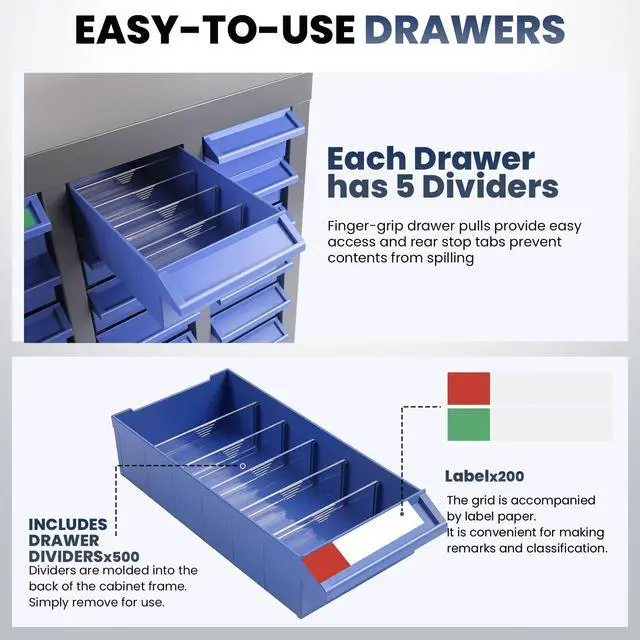 Alt view image 5 of 6 - 100-Drawer - Nut and Bolt Organizer | Stainless Steel Part Storage Cabinet | Shelves & Labels | Each Drawer 3.9" D x 7.8W x 2" H | Durable Hardware Storage for Small Parts/Tool (Classroom, Home)