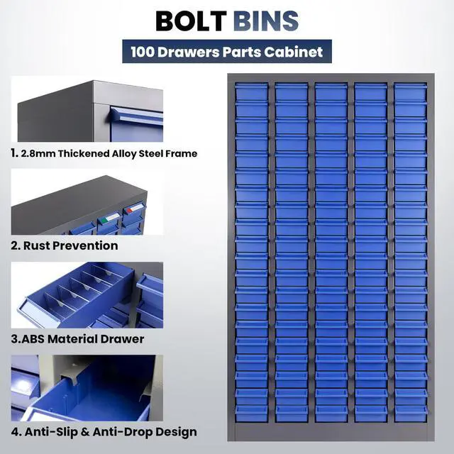 Alt view image 6 of 6 - 100-Drawer - Nut and Bolt Organizer | Stainless Steel Part Storage Cabinet | Shelves & Labels | Each Drawer 3.9" D x 7.8W x 2" H | Durable Hardware Storage for Small Parts/Tool (Classroom, Home)