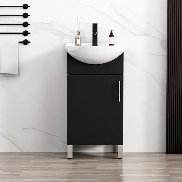 Main image of 18" Space Saving Laundry Sink Cabinet Set with Ceramic Belly Bowl Sink and Faucet, Compact Bathroom Vanity with Sink Combo for Laundry, Small Bathroom, Utility Room, Kitchen (Gloss Black)