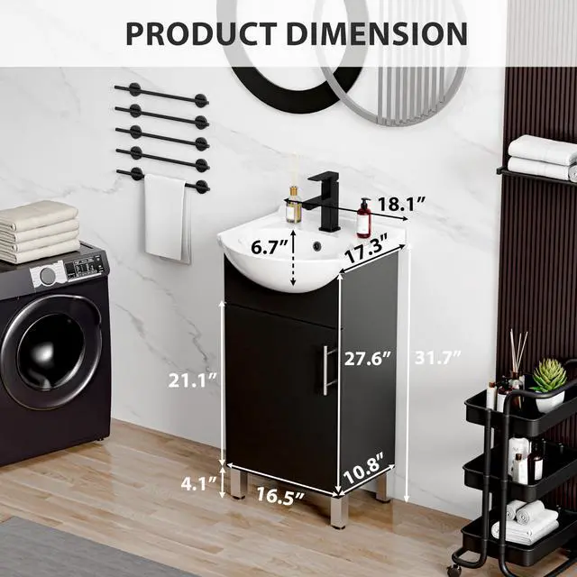 Alt view image 2 of 6 - 18" Space Saving Laundry Sink Cabinet Set with Ceramic Belly Bowl Sink and Faucet, Compact Bathroom Vanity with Sink Combo for Laundry, Small Bathroom, Utility Room, Kitchen (Gloss Black)