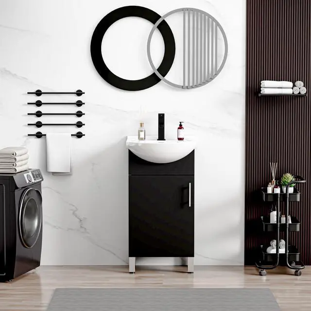 Alt view image 3 of 6 - 18" Space Saving Laundry Sink Cabinet Set with Ceramic Belly Bowl Sink and Faucet, Compact Bathroom Vanity with Sink Combo for Laundry, Small Bathroom, Utility Room, Kitchen (Gloss Black)