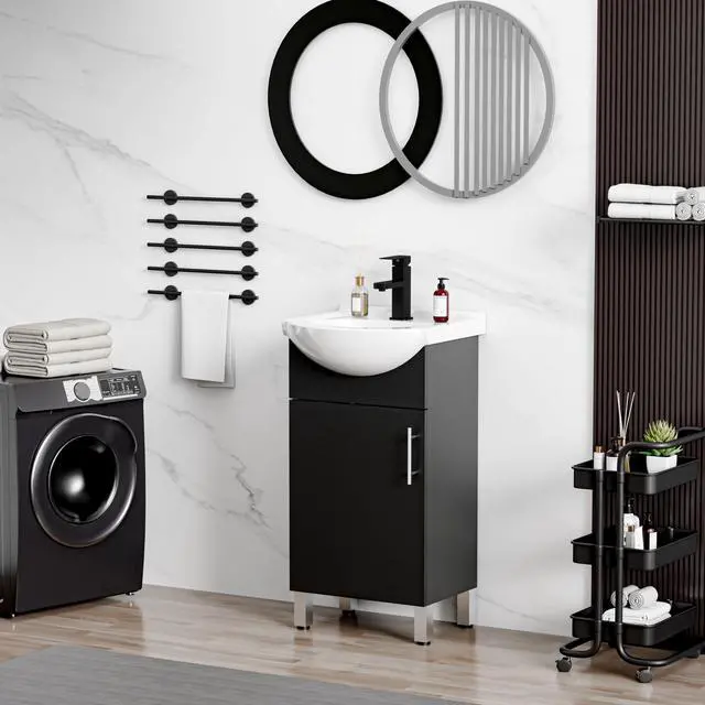 Alt view image 4 of 6 - 18" Space Saving Laundry Sink Cabinet Set with Ceramic Belly Bowl Sink and Faucet, Compact Bathroom Vanity with Sink Combo for Laundry, Small Bathroom, Utility Room, Kitchen (Gloss Black)