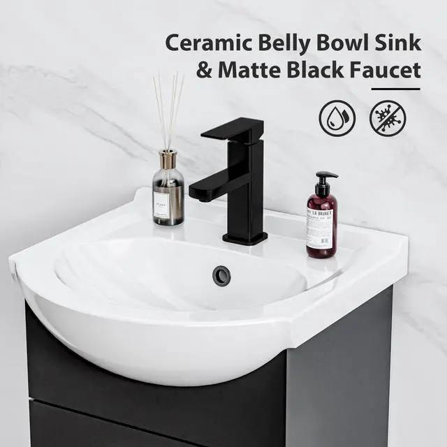 Alt view image 5 of 6 - 18" Space Saving Laundry Sink Cabinet Set with Ceramic Belly Bowl Sink and Faucet, Compact Bathroom Vanity with Sink Combo for Laundry, Small Bathroom, Utility Room, Kitchen (Gloss Black)