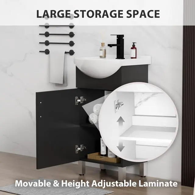 Alt view image 6 of 6 - 18" Space Saving Laundry Sink Cabinet Set with Ceramic Belly Bowl Sink and Faucet, Compact Bathroom Vanity with Sink Combo for Laundry, Small Bathroom, Utility Room, Kitchen (Gloss Black)
