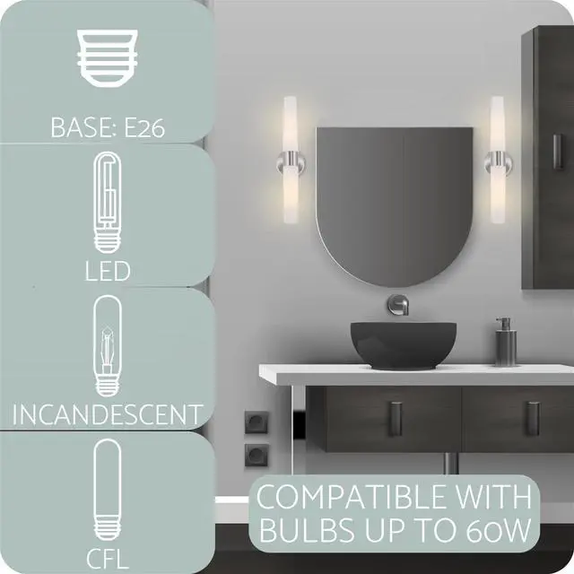 Alt view image 5 of 6 - Duo 21" Modern Wall Sconce with Frosted Opal Glass Shades for Bathroom/Vanity, Brushed Nickel Finish, Pack of 2