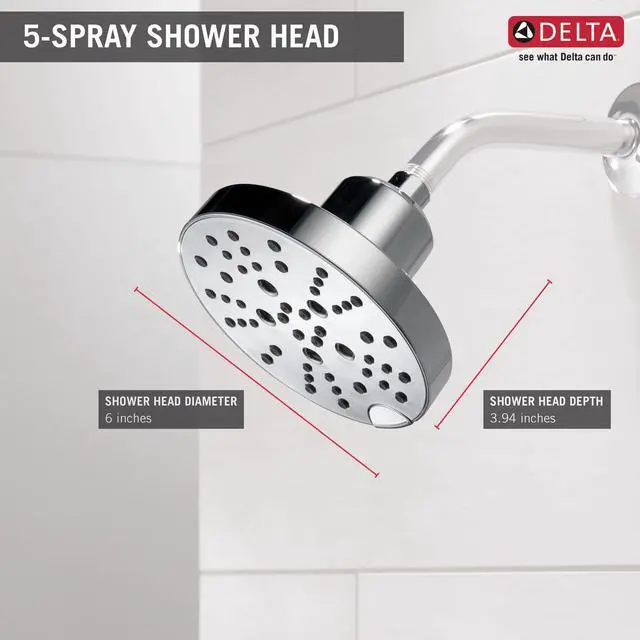 Alt view image 2 of 6 - 5-Setting Brushed Nickel Shower Head with H2Okinetic Spray, 6 Inch Round Shower Head, Showerheads, 1.75 GPM Flow Rate, Lumicoat Stainless 52668-SS-PR
