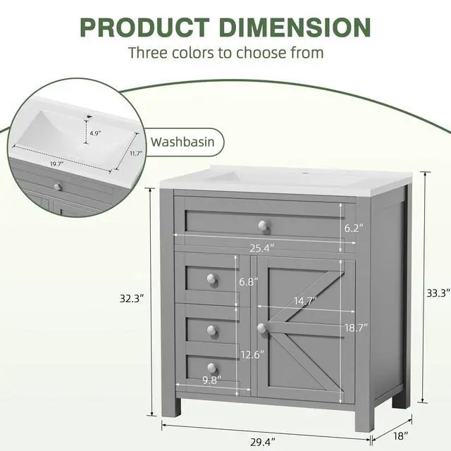 Alt view image 2 of 6 - 30'' Bathroom Vanity with Sink Combo, Bathroom Storage Cabinet with Sink, Drawers & Metal Handles, Freestanding (Light Grey)