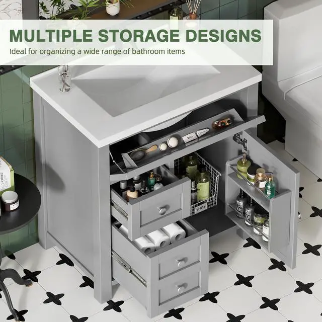 Alt view image 3 of 6 - 30'' Bathroom Vanity with Sink Combo, Bathroom Storage Cabinet with Sink, Drawers & Metal Handles, Freestanding (Light Grey)
