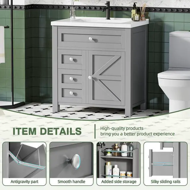 Alt view image 4 of 6 - 30'' Bathroom Vanity with Sink Combo, Bathroom Storage Cabinet with Sink, Drawers & Metal Handles, Freestanding (Light Grey)