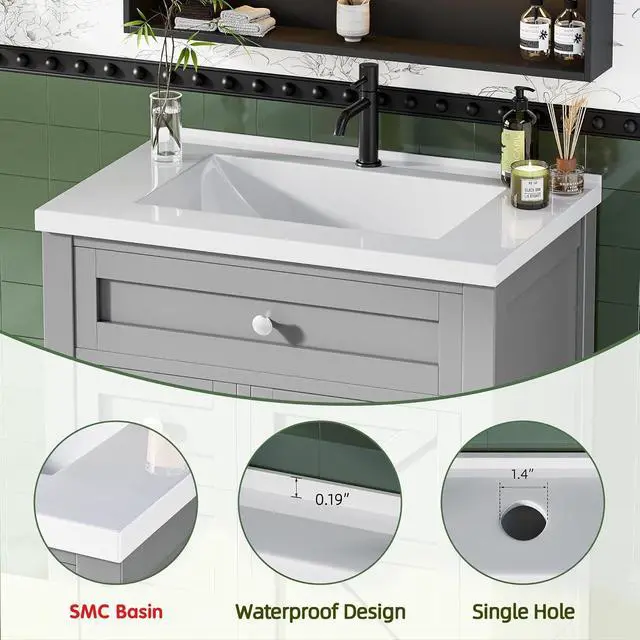 Alt view image 5 of 6 - 30'' Bathroom Vanity with Sink Combo, Bathroom Storage Cabinet with Sink, Drawers & Metal Handles, Freestanding (Light Grey)
