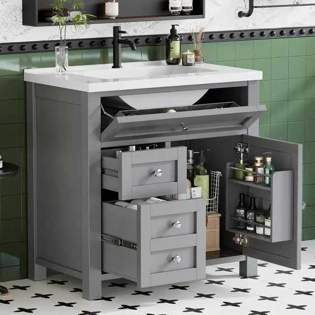Alt view image 6 of 6 - 30'' Bathroom Vanity with Sink Combo, Bathroom Storage Cabinet with Sink, Drawers & Metal Handles, Freestanding (Light Grey)