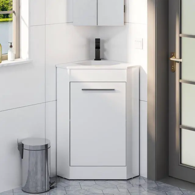 Main image of 26" Corner Bathroom Vanity Sink Combo for Small Space Freestanding Storage Cabinet with White Resin Sink and Matte Black Faucet, White