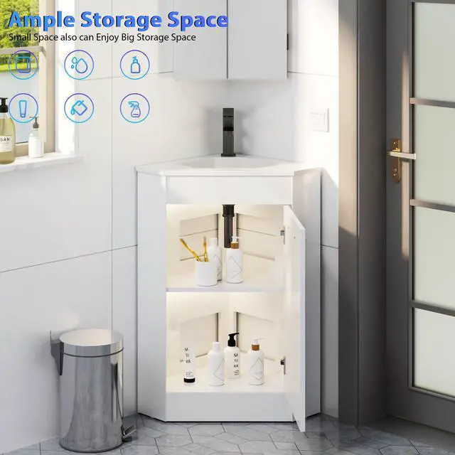 Alt view image 4 of 6 - 26" Corner Bathroom Vanity Sink Combo for Small Space Freestanding Storage Cabinet with White Resin Sink and Matte Black Faucet, White