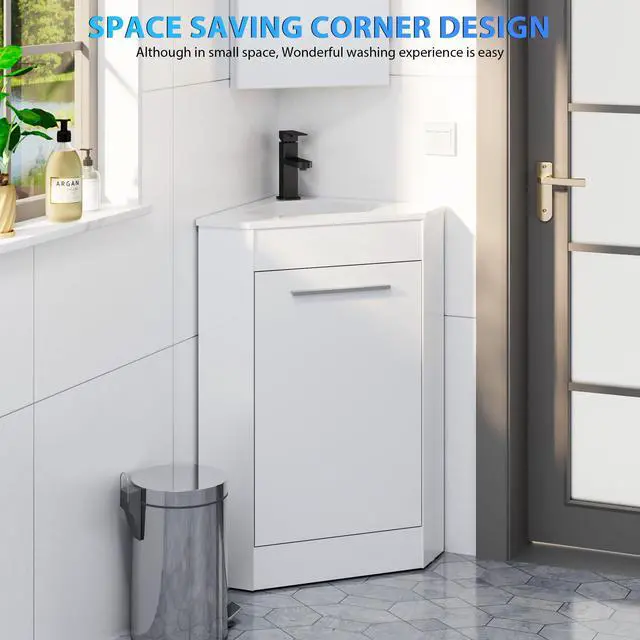 Alt view image 5 of 6 - 26" Corner Bathroom Vanity Sink Combo for Small Space Freestanding Storage Cabinet with White Resin Sink and Matte Black Faucet, White
