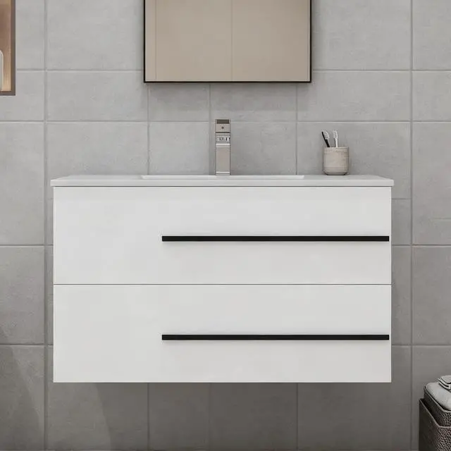 Main image of 36 inch Floating Bathroom Vanity with Sink, Space Saving Fluted Design for Small Bathrooms, Soft Closing Drawers & Black Handles White