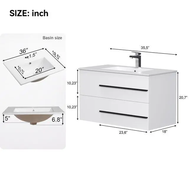 Alt view image 2 of 6 - 36 inch Floating Bathroom Vanity with Sink, Space Saving Fluted Design for Small Bathrooms, Soft Closing Drawers & Black Handles White