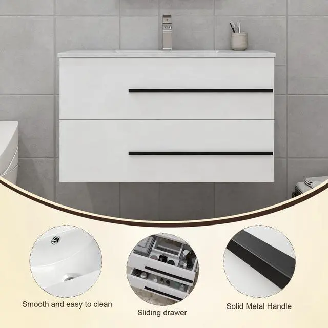 Alt view image 3 of 6 - 36 inch Floating Bathroom Vanity with Sink, Space Saving Fluted Design for Small Bathrooms, Soft Closing Drawers & Black Handles White