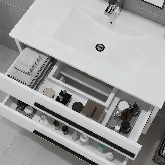 Alt view image 4 of 6 - 36 inch Floating Bathroom Vanity with Sink, Space Saving Fluted Design for Small Bathrooms, Soft Closing Drawers & Black Handles White