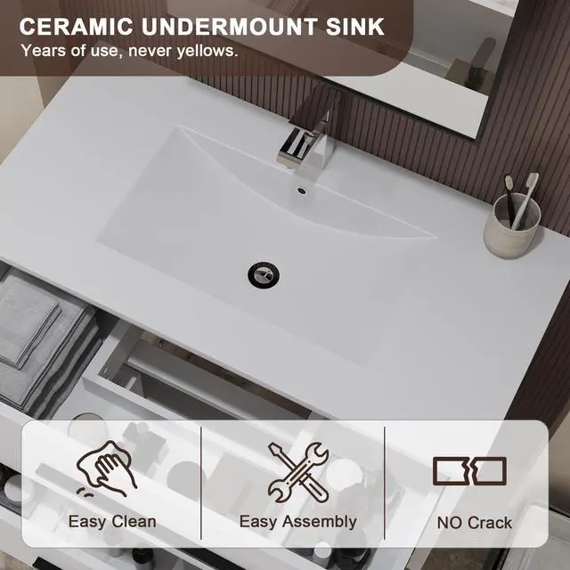 Alt view image 5 of 6 - 36 inch Floating Bathroom Vanity with Sink, Space Saving Fluted Design for Small Bathrooms, Soft Closing Drawers & Black Handles White