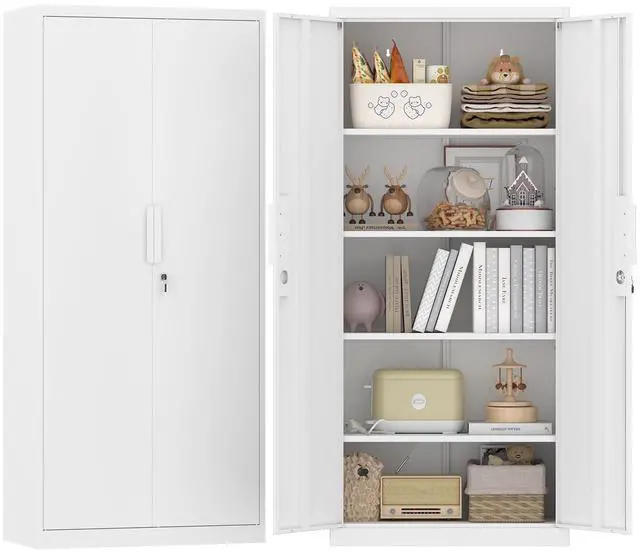 Main image of Metal Garage Storage Cabinets with Lock Door and Adjustable Shelves, 71'' x 32'' x 17'' White Steel Tool Cabinets for Home Office Warehouse