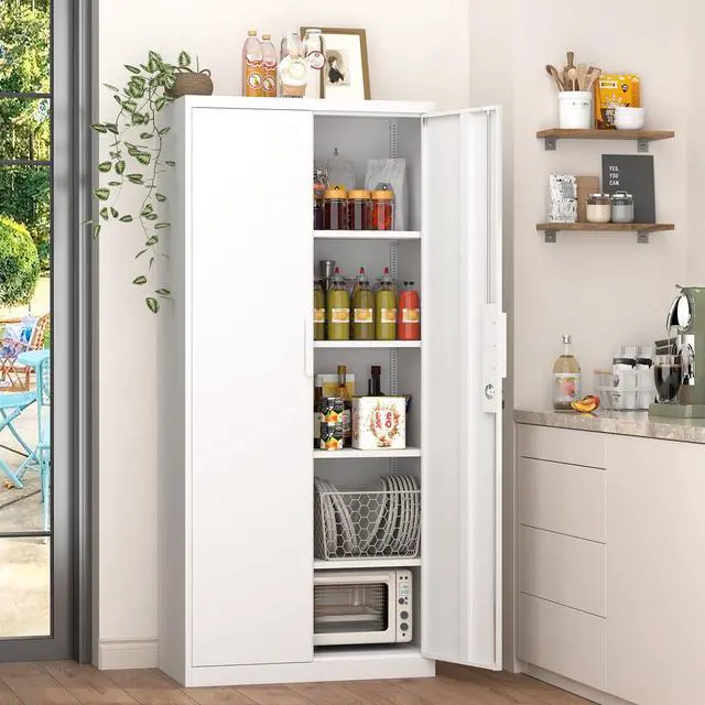 Alt view image 2 of 5 - Metal Garage Storage Cabinets with Lock Door and Adjustable Shelves, 71'' x 32'' x 17'' White Steel Tool Cabinets for Home Office Warehouse