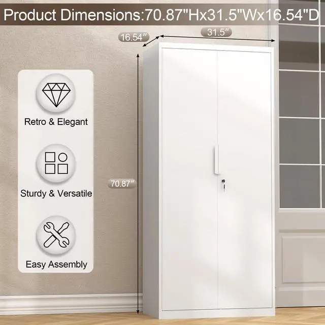 Alt view image 3 of 5 - Metal Garage Storage Cabinets with Lock Door and Adjustable Shelves, 71'' x 32'' x 17'' White Steel Tool Cabinets for Home Office Warehouse