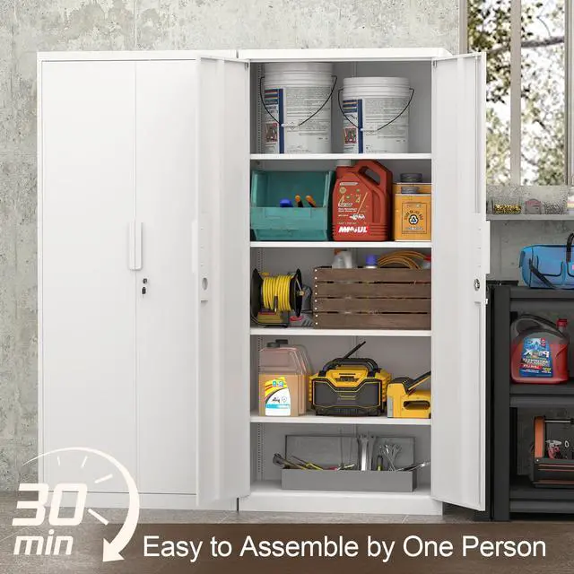 Alt view image 4 of 5 - Metal Garage Storage Cabinets with Lock Door and Adjustable Shelves, 71'' x 32'' x 17'' White Steel Tool Cabinets for Home Office Warehouse