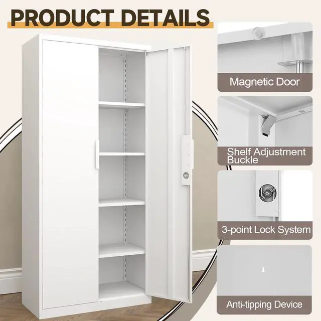 Alt view image 5 of 5 - Metal Garage Storage Cabinets with Lock Door and Adjustable Shelves, 71'' x 32'' x 17'' White Steel Tool Cabinets for Home Office Warehouse