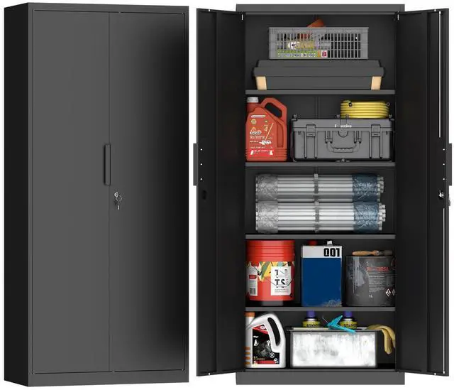 Main image of Metal Garage Storage Cabinets with Lock Door and Adjustable Shelves, 71'' x 32'' x 17'' Black Steel Tool Cabinets for Home Office Warehouse