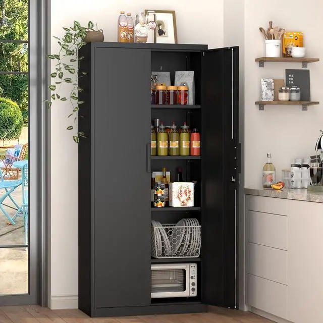 Alt view image 2 of 6 - Metal Garage Storage Cabinets with Lock Door and Adjustable Shelves, 71'' x 32'' x 17'' Black Steel Tool Cabinets for Home Office Warehouse