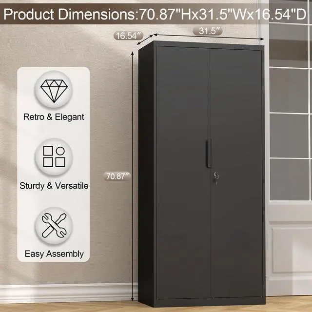 Alt view image 3 of 6 - Metal Garage Storage Cabinets with Lock Door and Adjustable Shelves, 71'' x 32'' x 17'' Black Steel Tool Cabinets for Home Office Warehouse