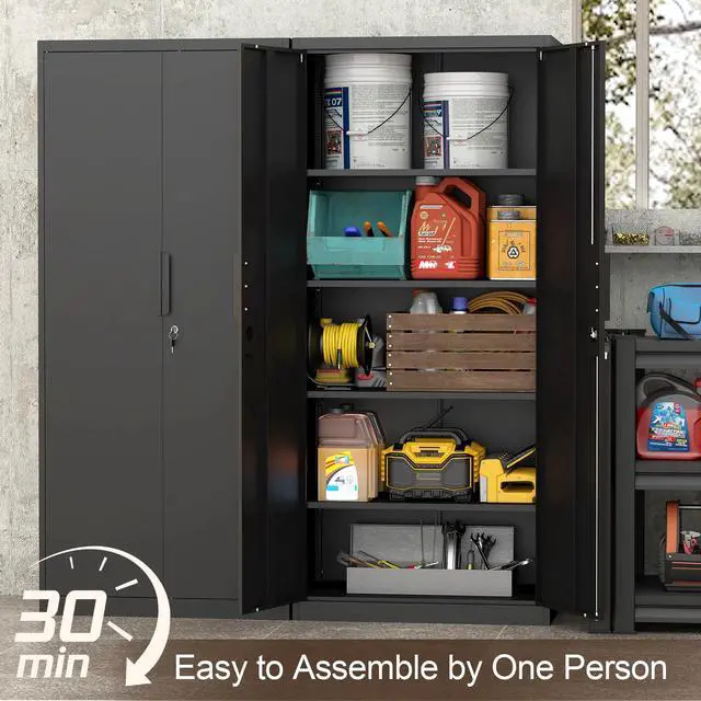 Alt view image 4 of 6 - Metal Garage Storage Cabinets with Lock Door and Adjustable Shelves, 71'' x 32'' x 17'' Black Steel Tool Cabinets for Home Office Warehouse