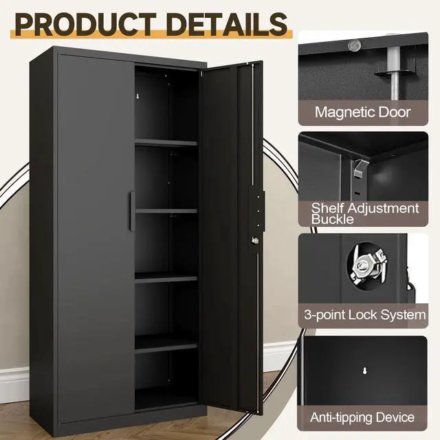 Alt view image 5 of 6 - Metal Garage Storage Cabinets with Lock Door and Adjustable Shelves, 71'' x 32'' x 17'' Black Steel Tool Cabinets for Home Office Warehouse