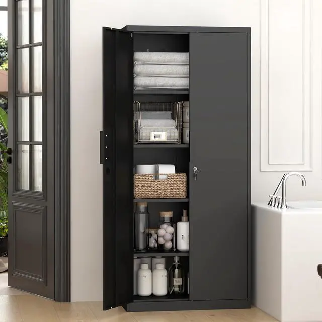 Alt view image 6 of 6 - Metal Garage Storage Cabinets with Lock Door and Adjustable Shelves, 71'' x 32'' x 17'' Black Steel Tool Cabinets for Home Office Warehouse