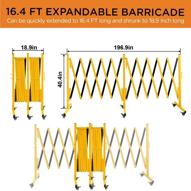 Alt view image 2 of 6 - Industrial Expandable Metal Barricade, Expansion Size 16.4 FT, Yellow and Black,Durable Steel Safety Barricade with casters, Flexible Mobile Barrier Gate, Adjustable Traffic Fence