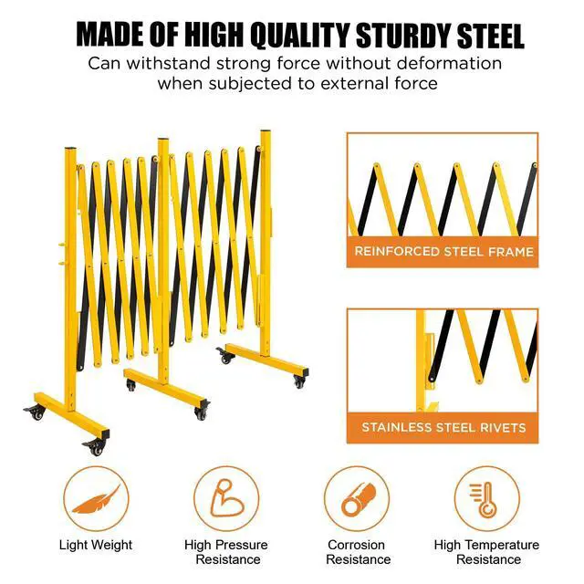 Alt view image 3 of 6 - Industrial Expandable Metal Barricade, Expansion Size 16.4 FT, Yellow and Black,Durable Steel Safety Barricade with casters, Flexible Mobile Barrier Gate, Adjustable Traffic Fence