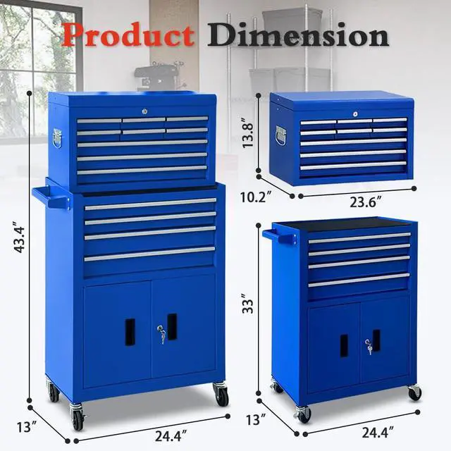 Alt view image 3 of 6 - 13-Drawer Rolling Tool Chest with Double Door Handle, 2-in-1 Detachable Metal Storage Cabinet with Wheels and Lock, Large Capacity Tool Box for Garage,Gift for Men Dad Husband Fathers(Blue)