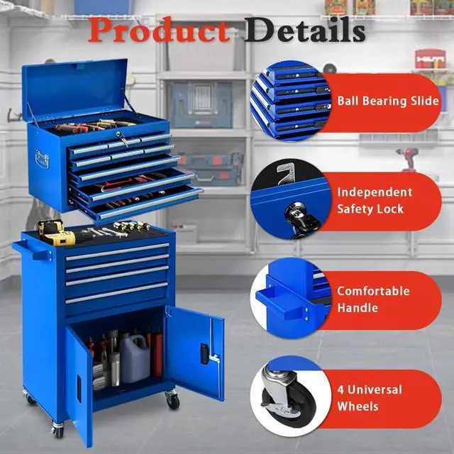 Alt view image 4 of 6 - 13-Drawer Rolling Tool Chest with Double Door Handle, 2-in-1 Detachable Metal Storage Cabinet with Wheels and Lock, Large Capacity Tool Box for Garage,Gift for Men Dad Husband Fathers(Blue)