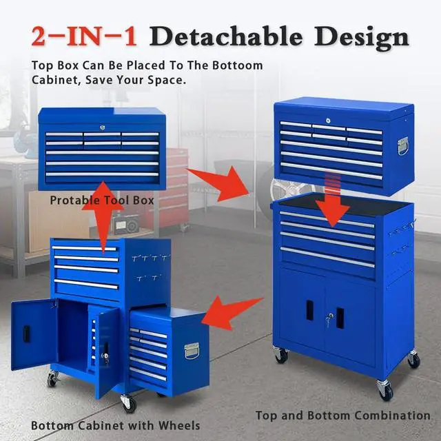 Alt view image 6 of 6 - 13-Drawer Rolling Tool Chest with Double Door Handle, 2-in-1 Detachable Metal Storage Cabinet with Wheels and Lock, Large Capacity Tool Box for Garage,Gift for Men Dad Husband Fathers(Blue)