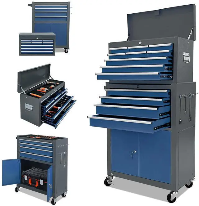 Main image of 13-Drawer Tool Chest with Double Door and Wheels, 2 in 1 Detachable Rolling Toolbox with Drawers,Large Tool Box with Lock,Mobile Steel Tool Cabinet Storage (Gray&Blue)