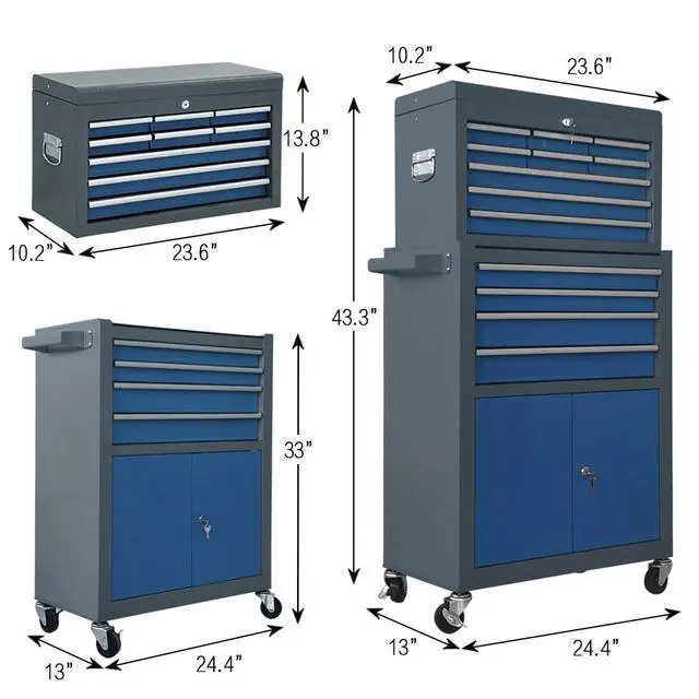 Alt view image 3 of 6 - 13-Drawer Tool Chest with Double Door and Wheels, 2 in 1 Detachable Rolling Toolbox with Drawers,Large Tool Box with Lock,Mobile Steel Tool Cabinet Storage (Gray&Blue)