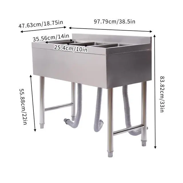 Alt view image 4 of 6 - Free Standing Commercial Kitchen Outdoor Utility Sink 304 Stainless Steel 3-Compartment Commercial Sink for Restaurant, Kitchen (Three-Bowls Style A, 33" H)