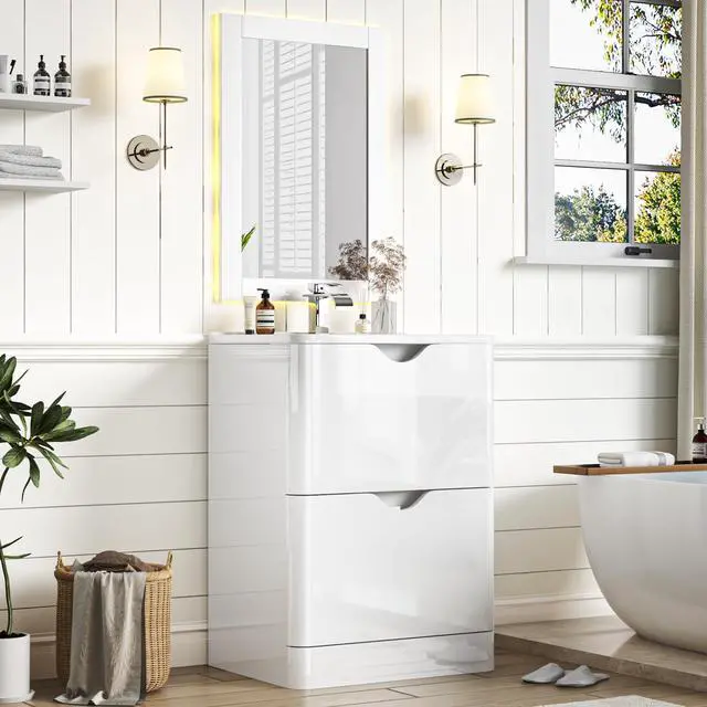 Main image of 24" Modern High Gloss Bathroom Vanity with Sink Combo,Mirror, Faucet Set, Freestanding Bath Vanities Sink Cabinet w/2 Drawers,Integrated Ceramic Sink for Small Space, Apartment,White