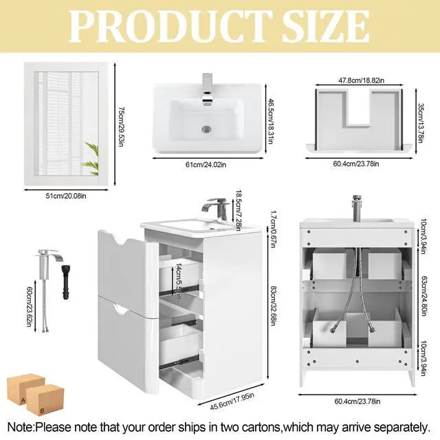 Alt view image 2 of 6 - 24" Modern High Gloss Bathroom Vanity with Sink Combo,Mirror, Faucet Set, Freestanding Bath Vanities Sink Cabinet w/2 Drawers,Integrated Ceramic Sink for Small Space, Apartment,White