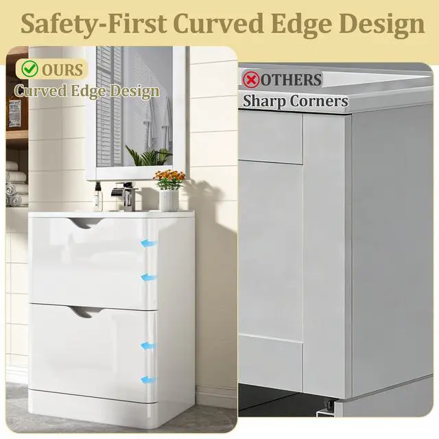 Alt view image 5 of 6 - 24" Modern High Gloss Bathroom Vanity with Sink Combo,Mirror, Faucet Set, Freestanding Bath Vanities Sink Cabinet w/2 Drawers,Integrated Ceramic Sink for Small Space, Apartment,White