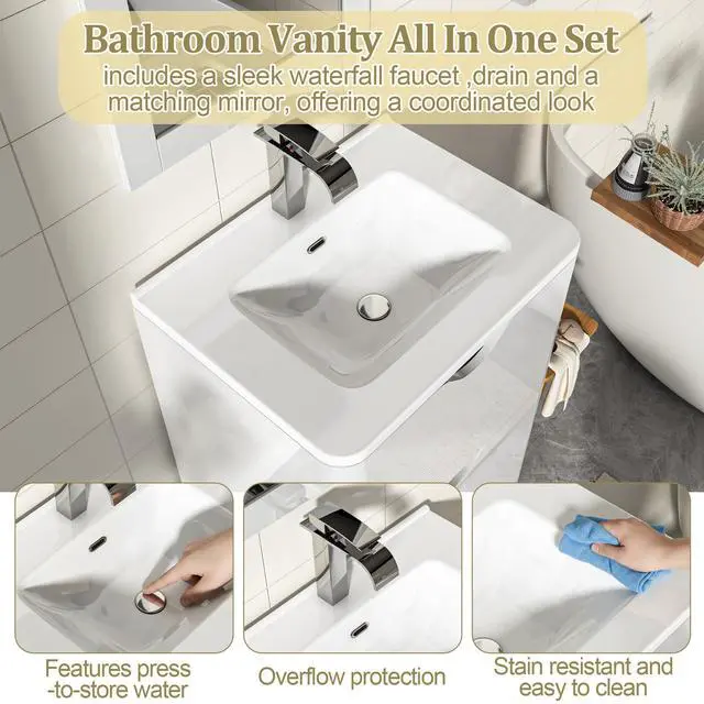 Alt view image 6 of 6 - 24" Modern High Gloss Bathroom Vanity with Sink Combo,Mirror, Faucet Set, Freestanding Bath Vanities Sink Cabinet w/2 Drawers,Integrated Ceramic Sink for Small Space, Apartment,White