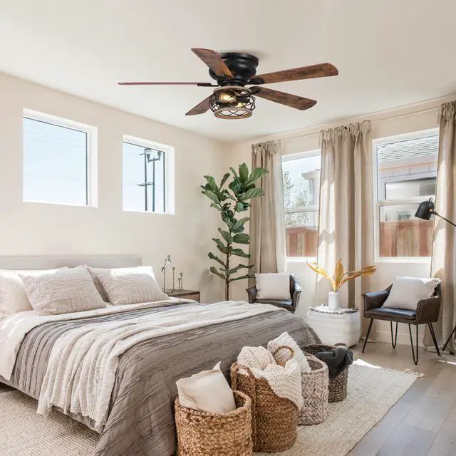 Main image of 48 Inch Farmhouse Ceiling Fan with Light, Industrial Flush Mount Ceiling Fan with Remote Control, Low Profile Ceiling Fan for Bedroom Living Room, Timer, Black Caged Ceiling Fan for Indoor and Outdoor