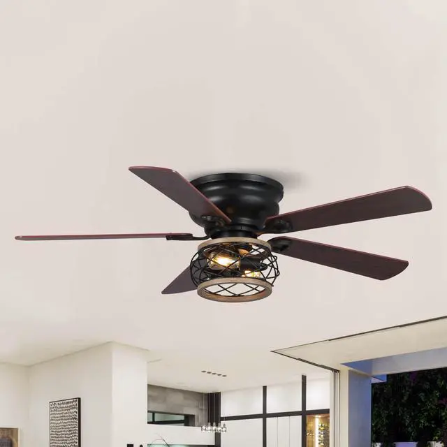 Alt view image 2 of 6 - 48 Inch Farmhouse Ceiling Fan with Light, Industrial Flush Mount Ceiling Fan with Remote Control, Low Profile Ceiling Fan for Bedroom Living Room, Timer, Black Caged Ceiling Fan for Indoor and Outdoor