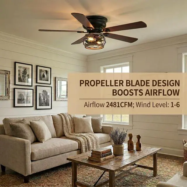 Alt view image 3 of 6 - 48 Inch Farmhouse Ceiling Fan with Light, Industrial Flush Mount Ceiling Fan with Remote Control, Low Profile Ceiling Fan for Bedroom Living Room, Timer, Black Caged Ceiling Fan for Indoor and Outdoor